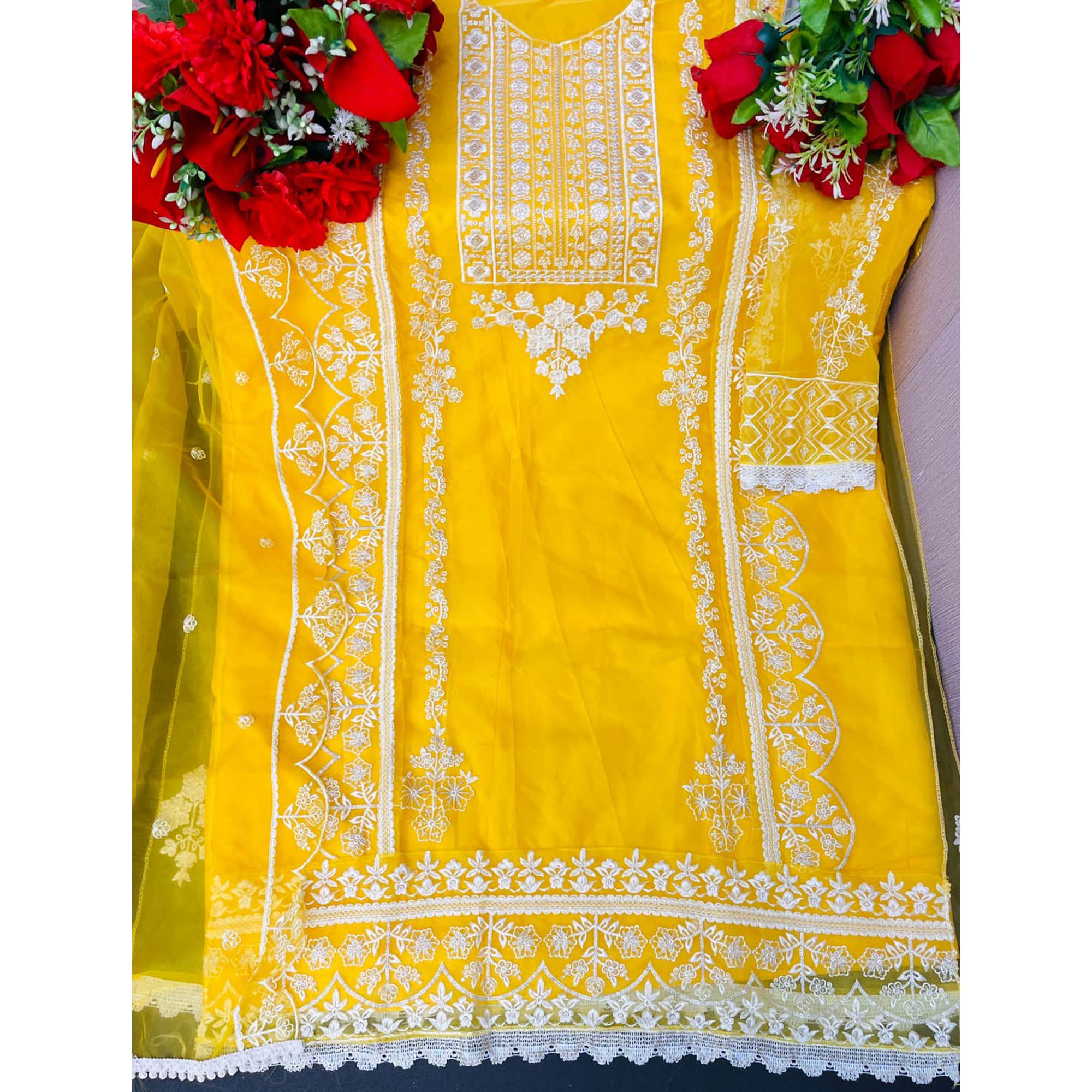 Yellow Floral Embroidered Organza Pakistani Suit
