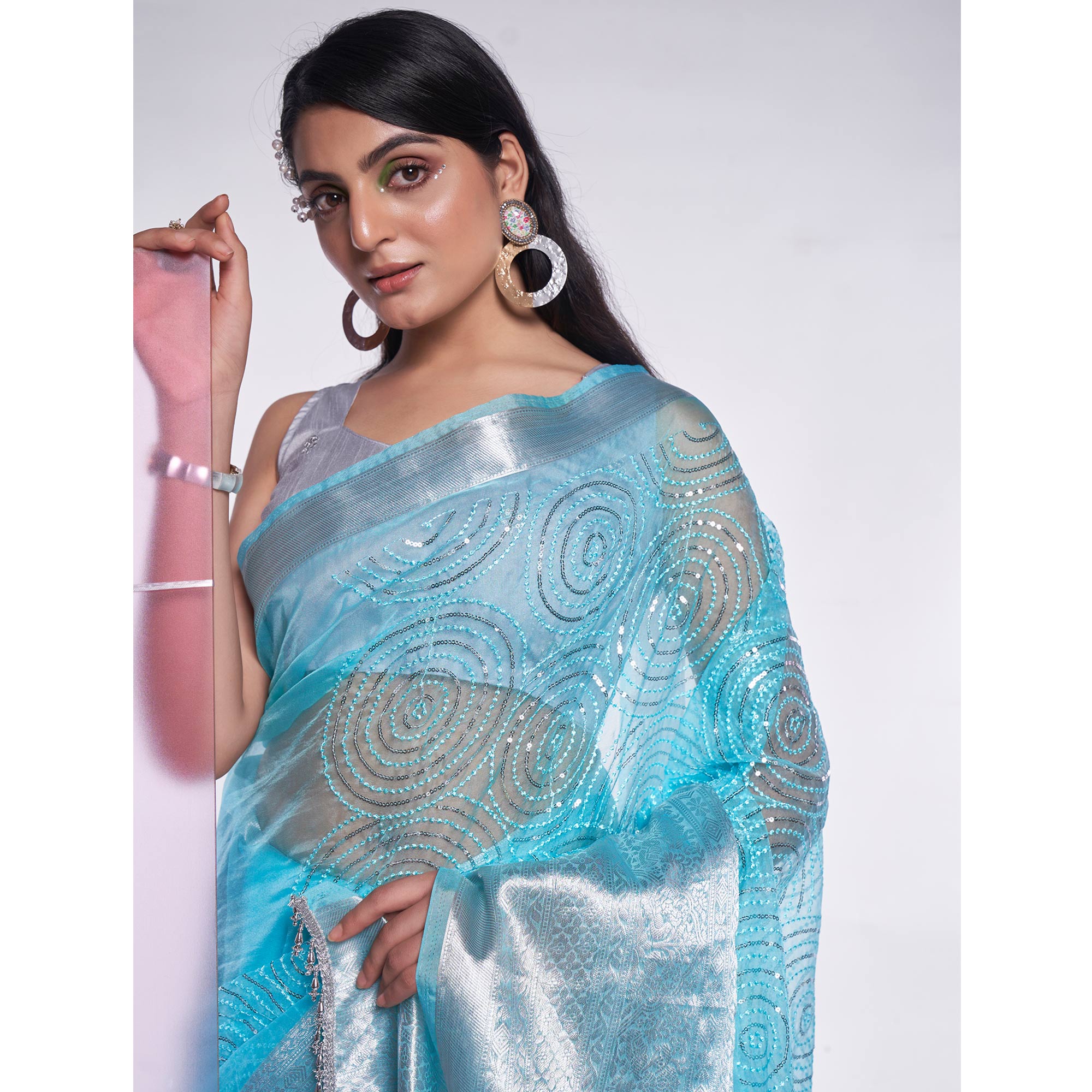Blue Sequins Embroidered Organza Saree