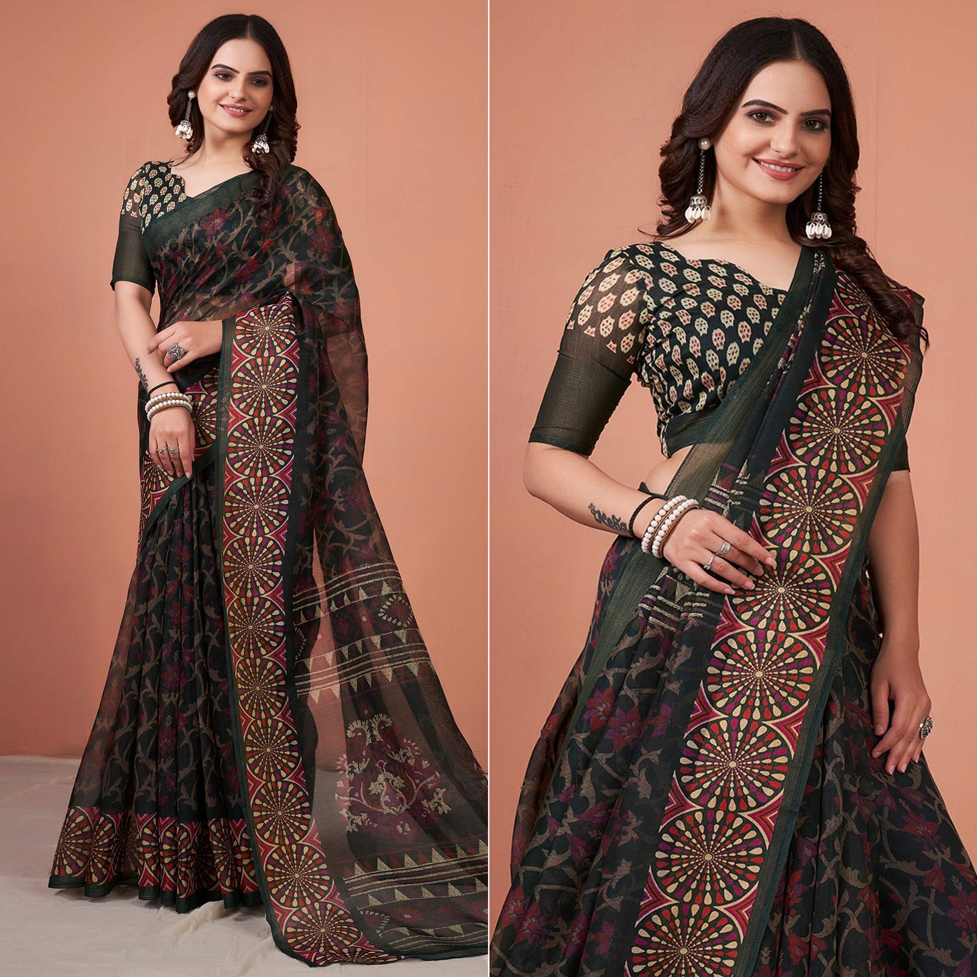 Black Printed Cotton Saree With Tassels
