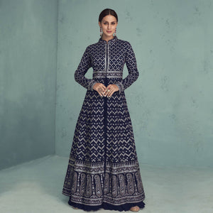 Blue Floral Embroidered Georgette Front Slit Suit