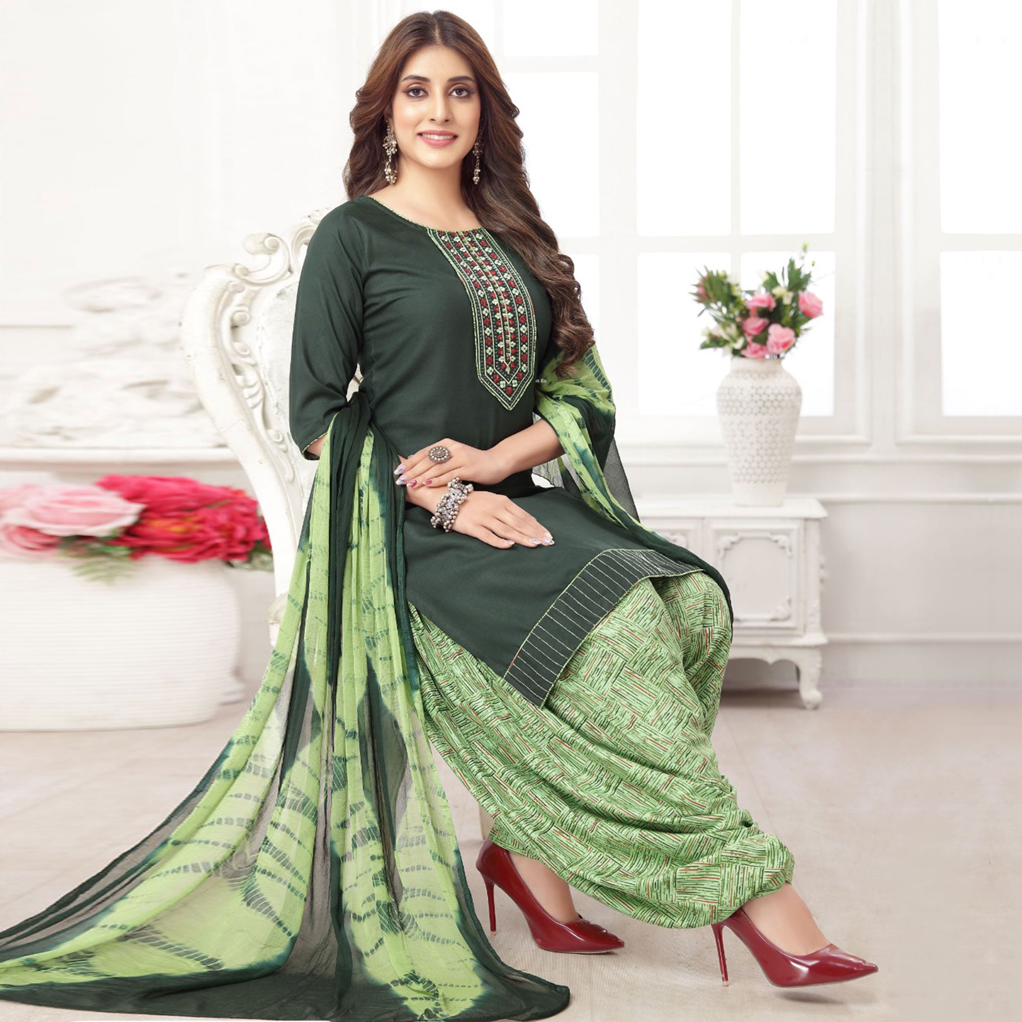 Green Embroidered Rayon Patiala Suit
