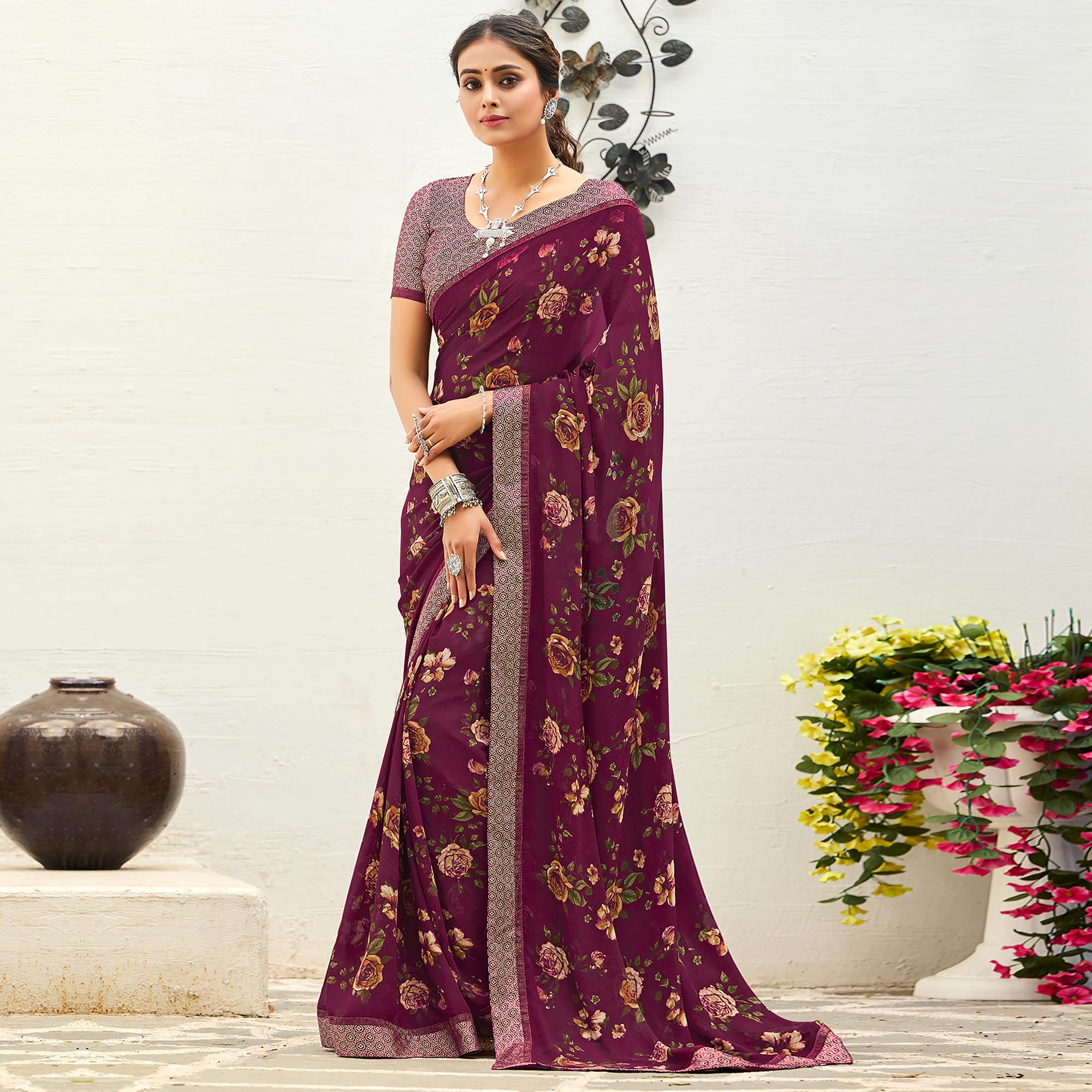 Purple Floral Printed Georgette Saree