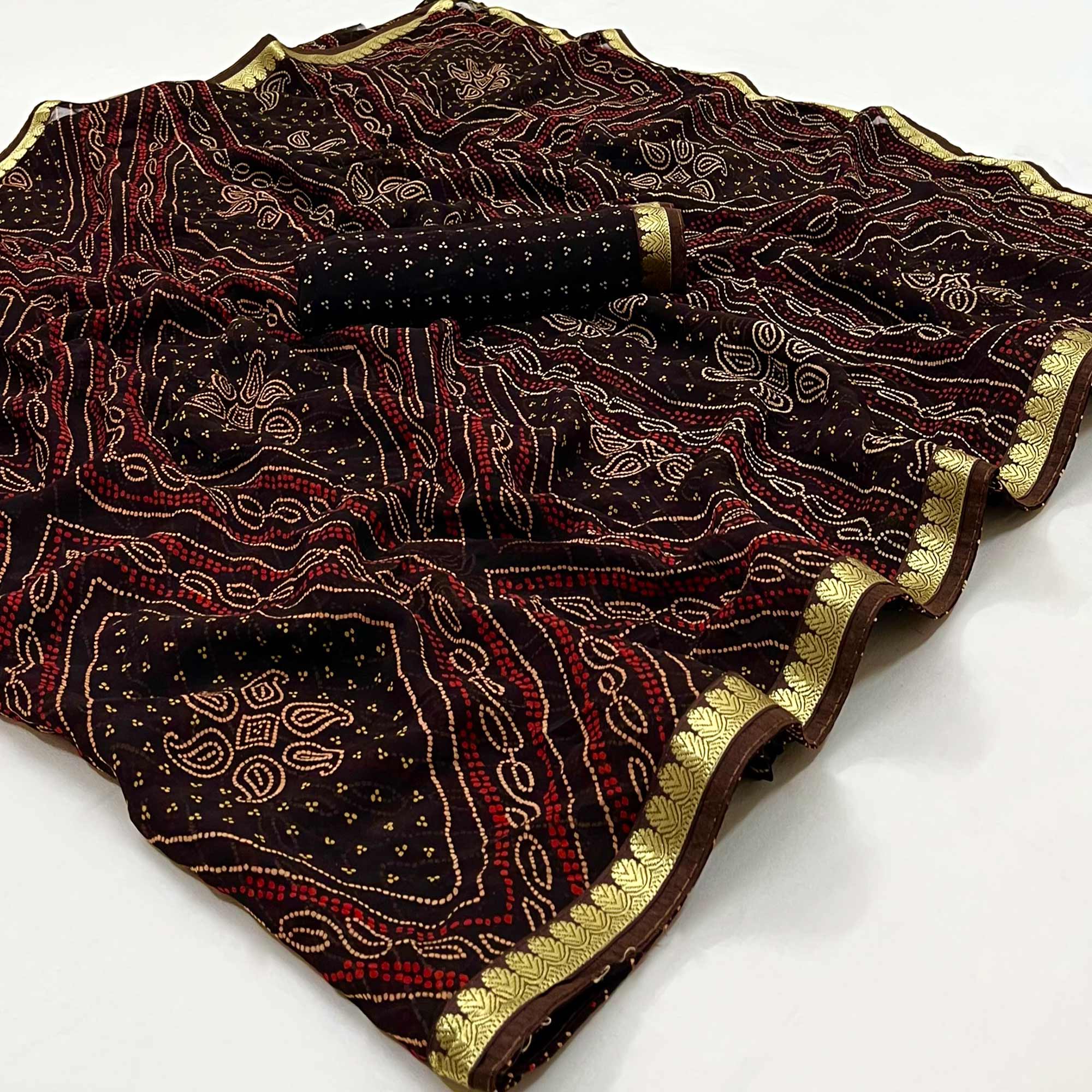 Dark Brown Bandhani Printed Georgette Saree With Designer Border