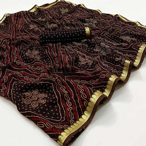 Dark Brown Bandhani Printed Georgette Saree With Designer Border