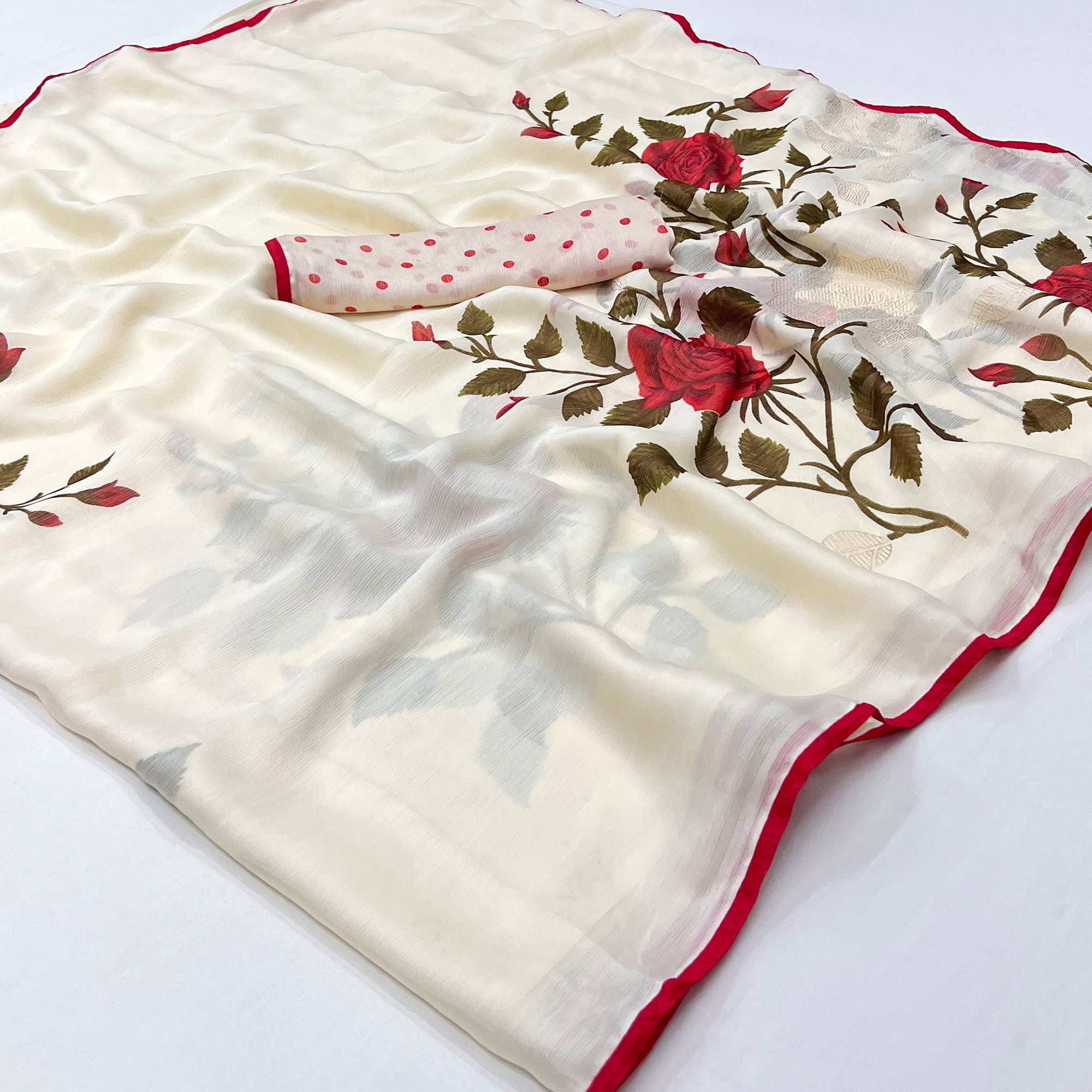 White Floral Digital Printed Georgette Saree