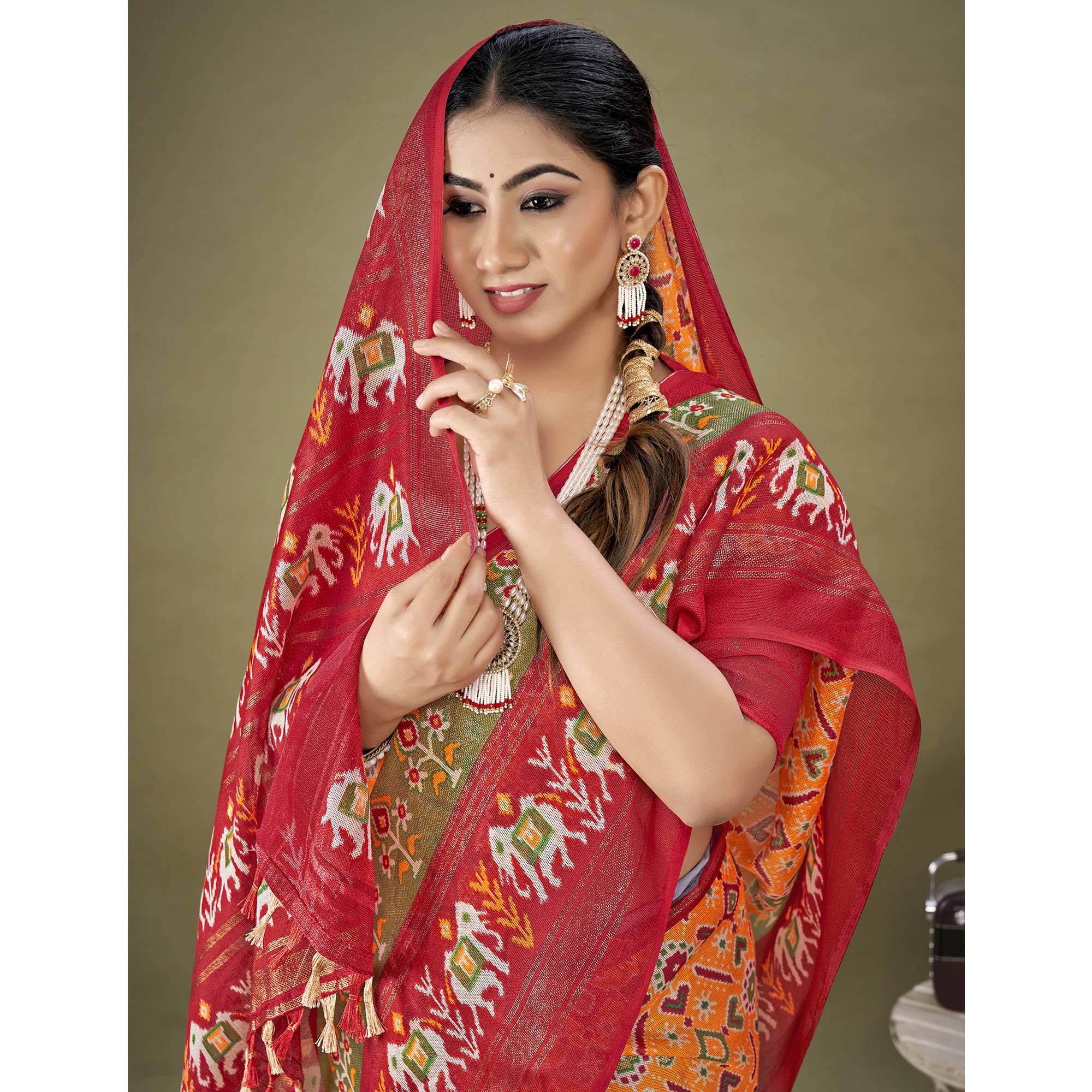 Orange Printed Jute Patola Saree