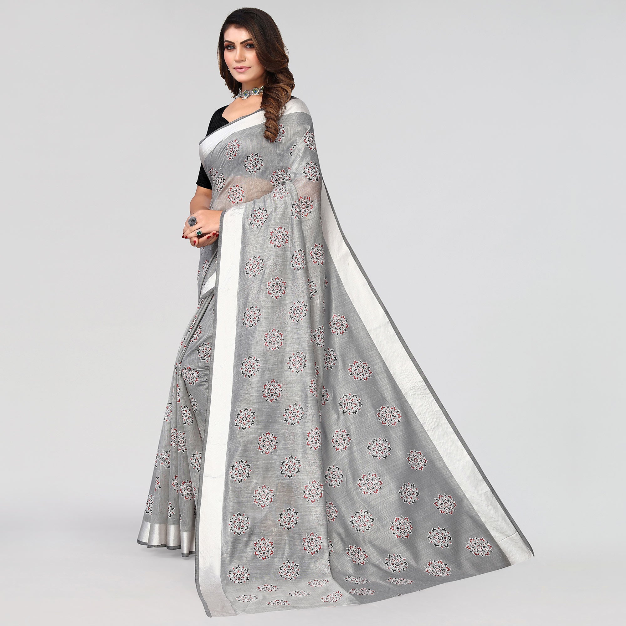 Grey Floral Printed Cotton Blend Saree