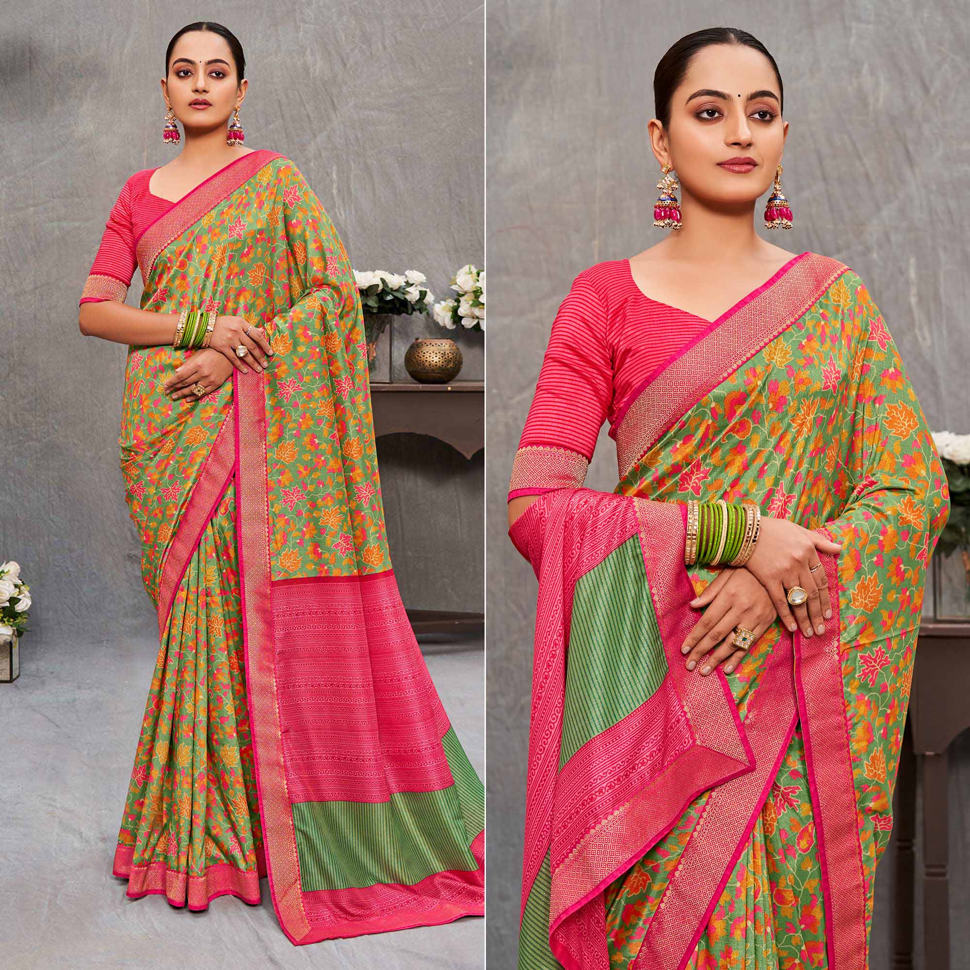 Green Floral Printed Tussar Silk Saree