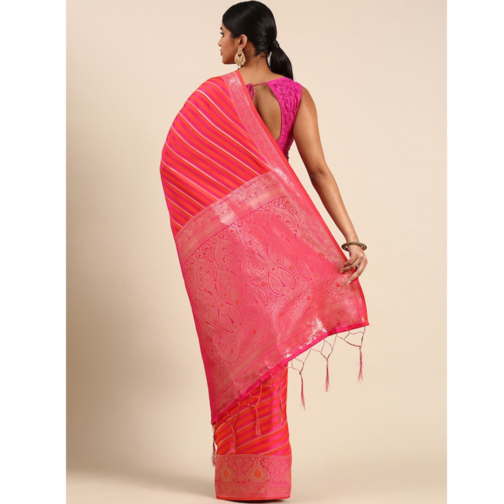 Pink Woven Kanjivaram Silk Saree WithTassels