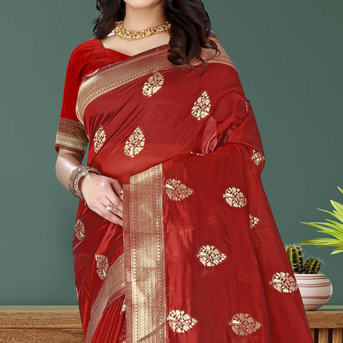Red Woven Art Silk Saree With Tassels