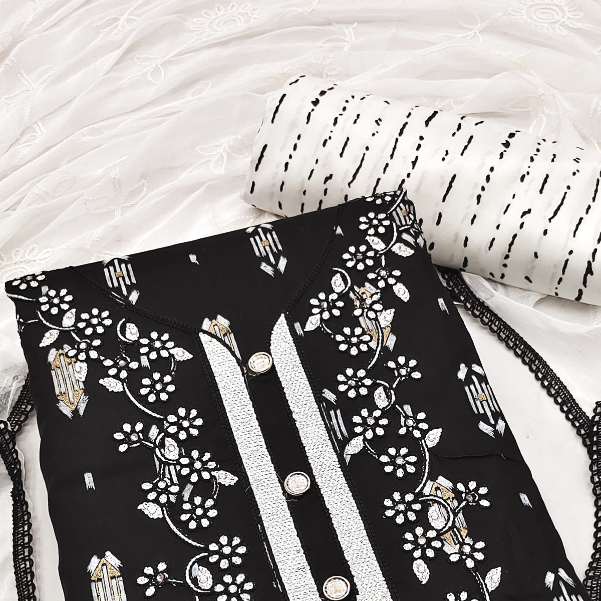Black Printed With Embroidered Rayon Dress Material