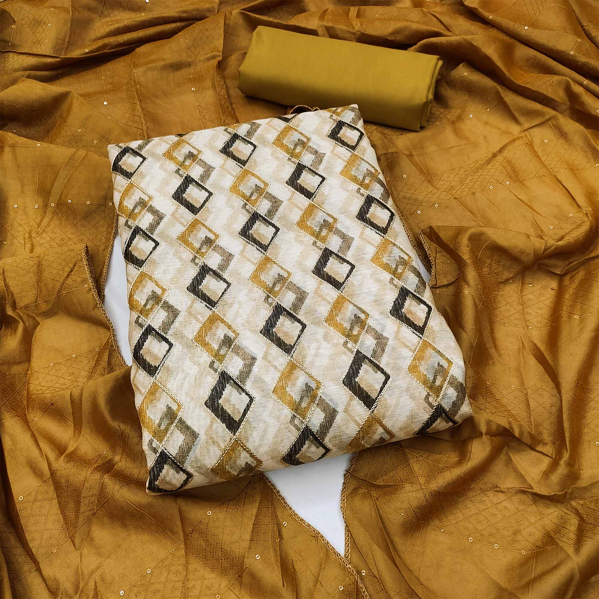 Cream Digital Printed With Embroidered Chanderi Dress Material