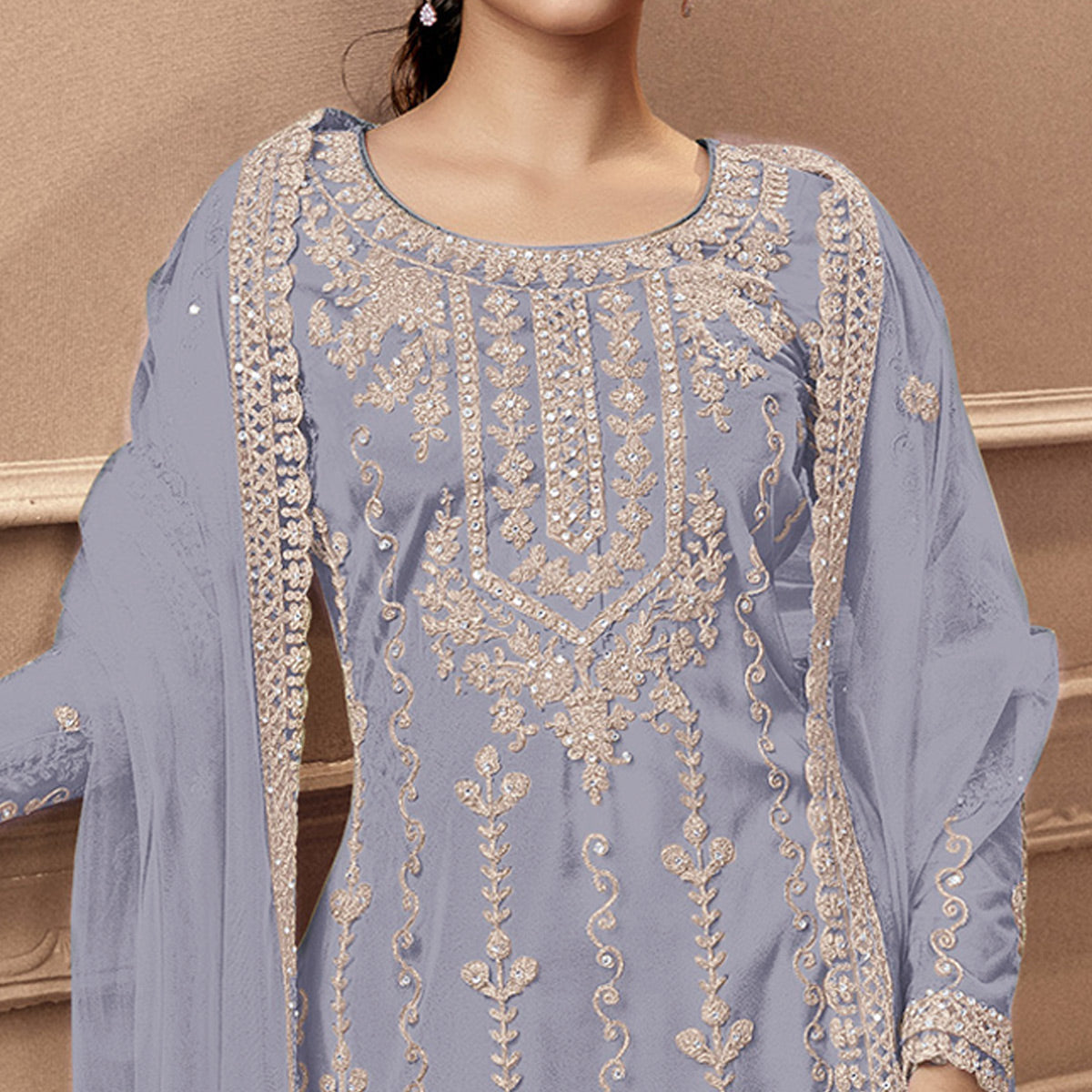 Grey Floral Embroidered Netted Pakistani Suit