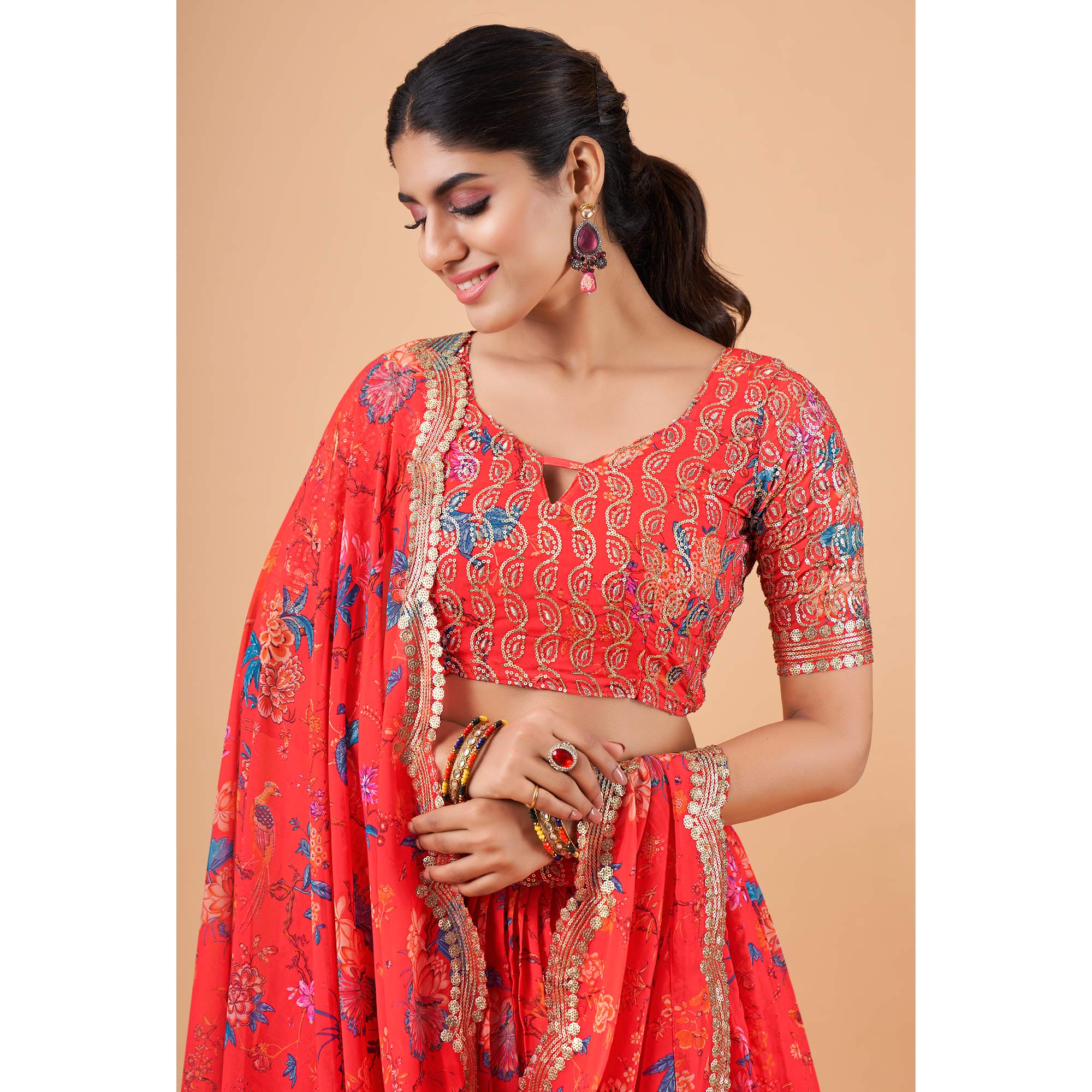 Coral Red Floral Printed And Sequins Work Georgette Lehenga Choli