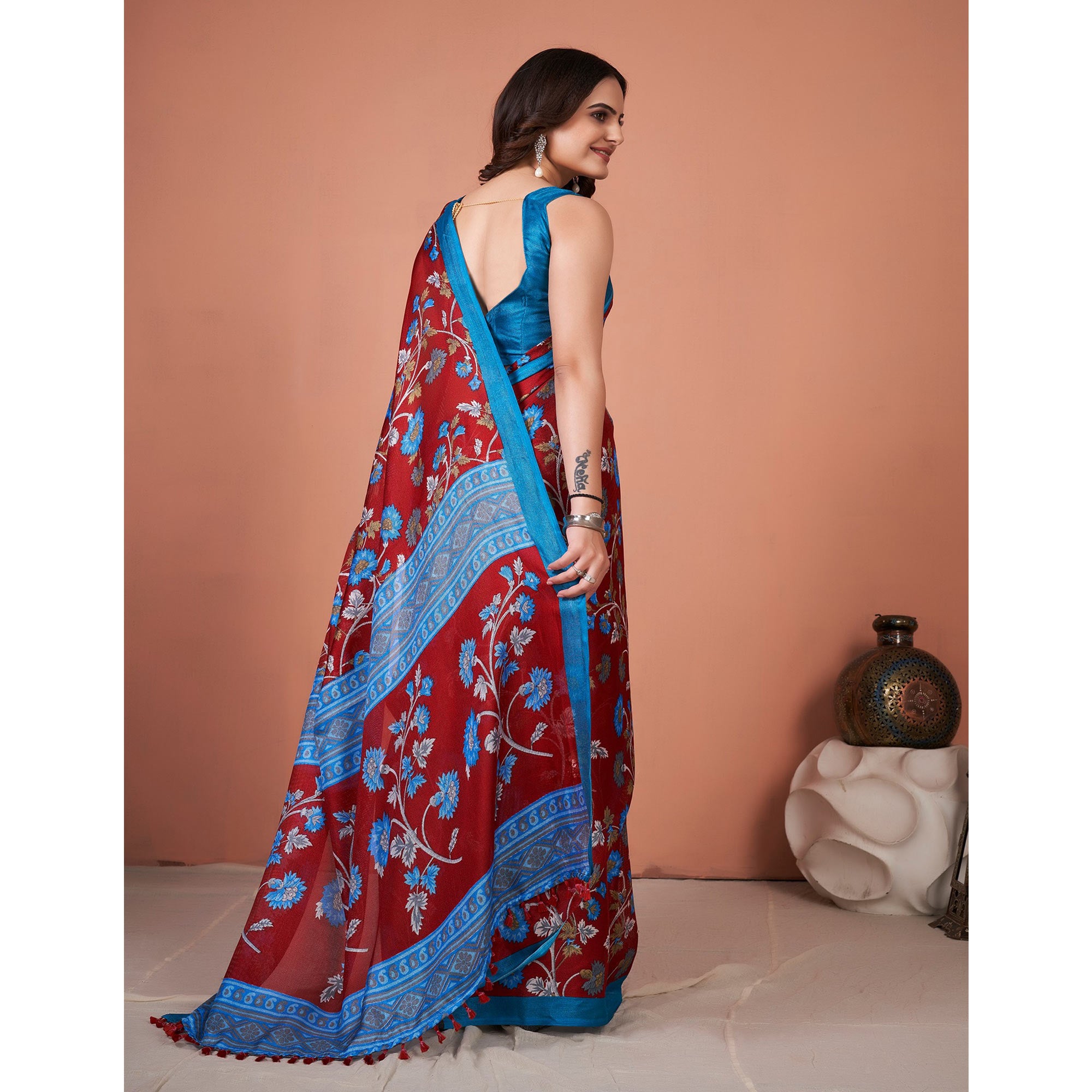 Red Floral Printed Jute Saree With Tassels