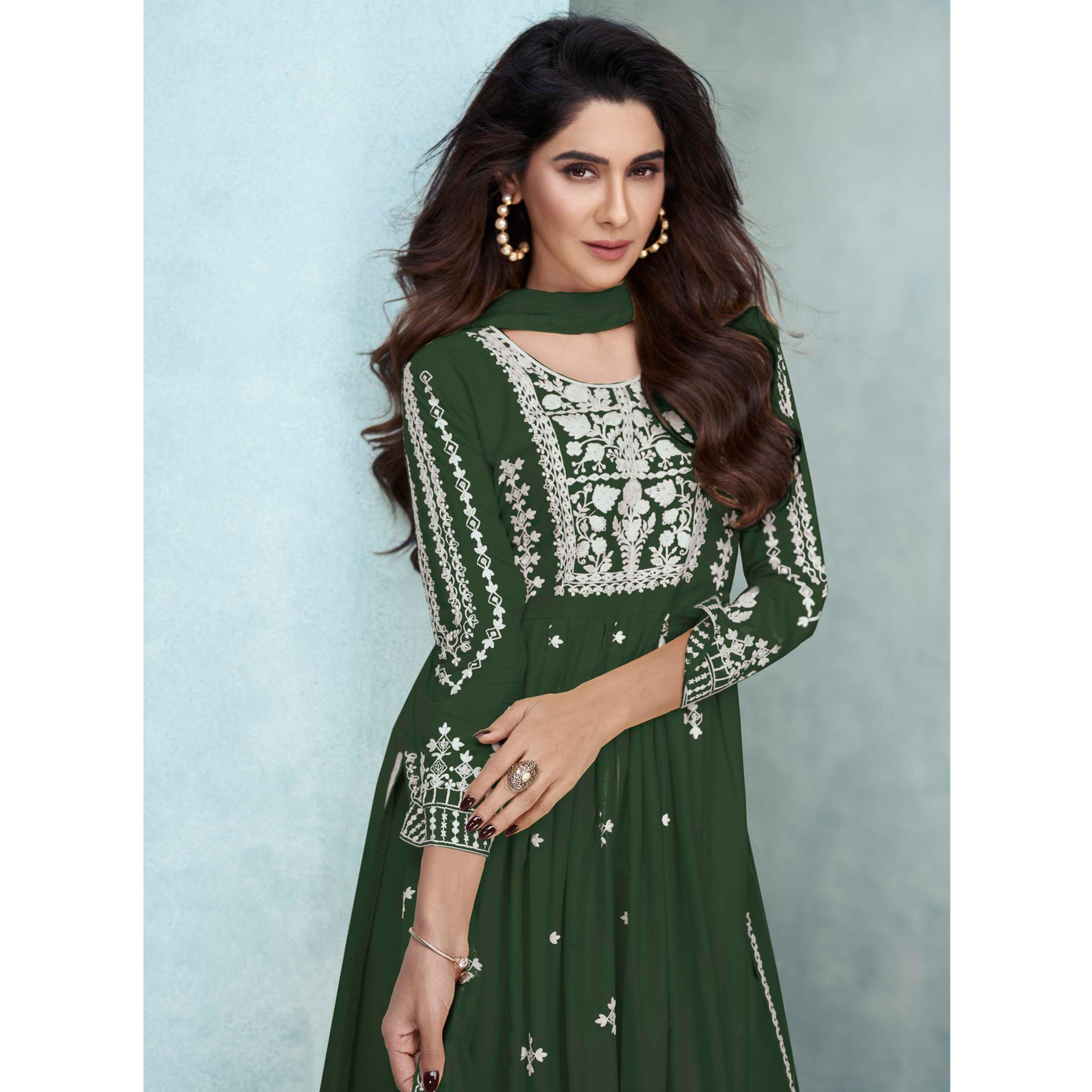 Green Lucknowi Embroidered Rayon Palazzo Suit