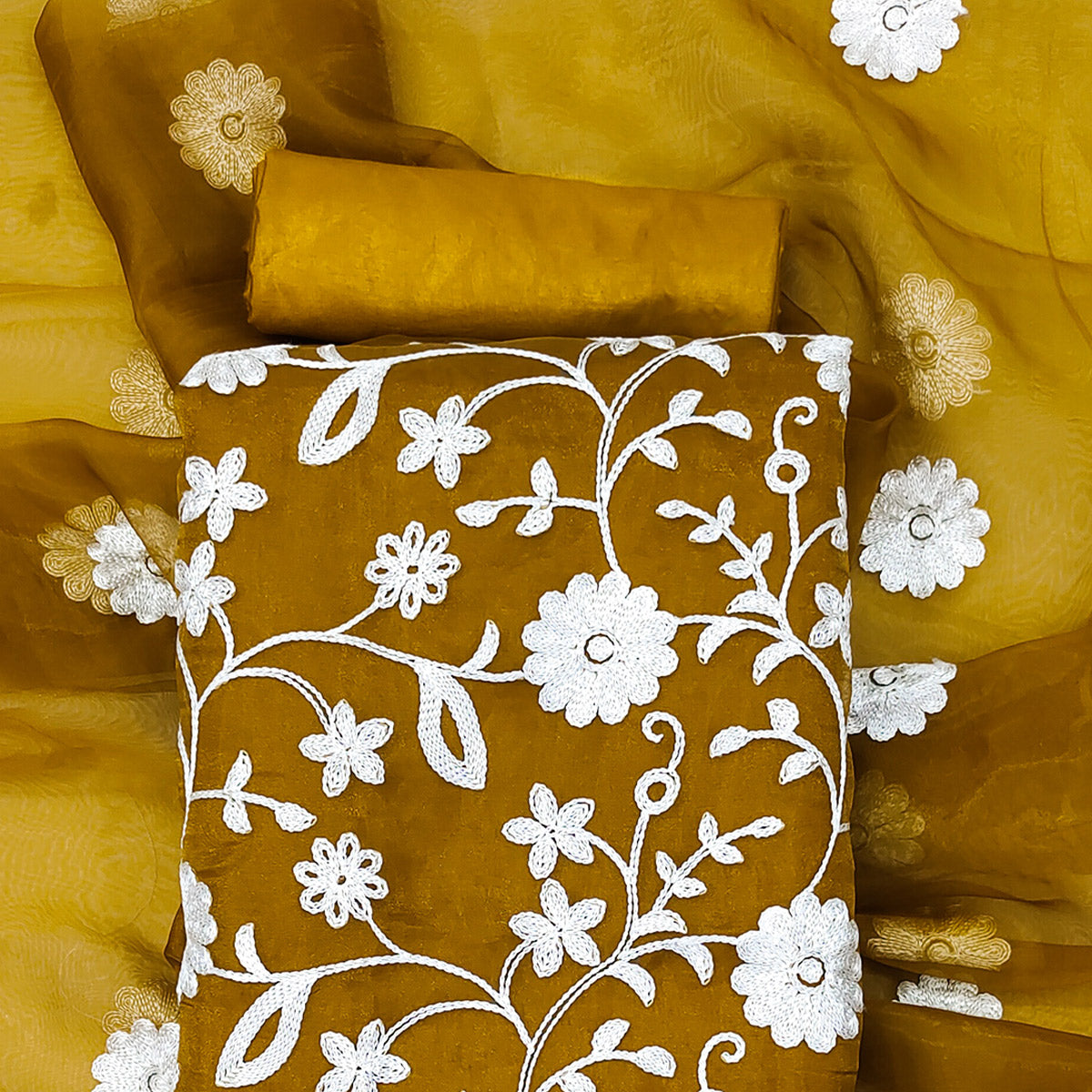 Mustard Floral Embroidered Organza Dress Material