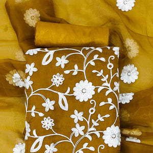 Mustard Floral Embroidered Organza Dress Material
