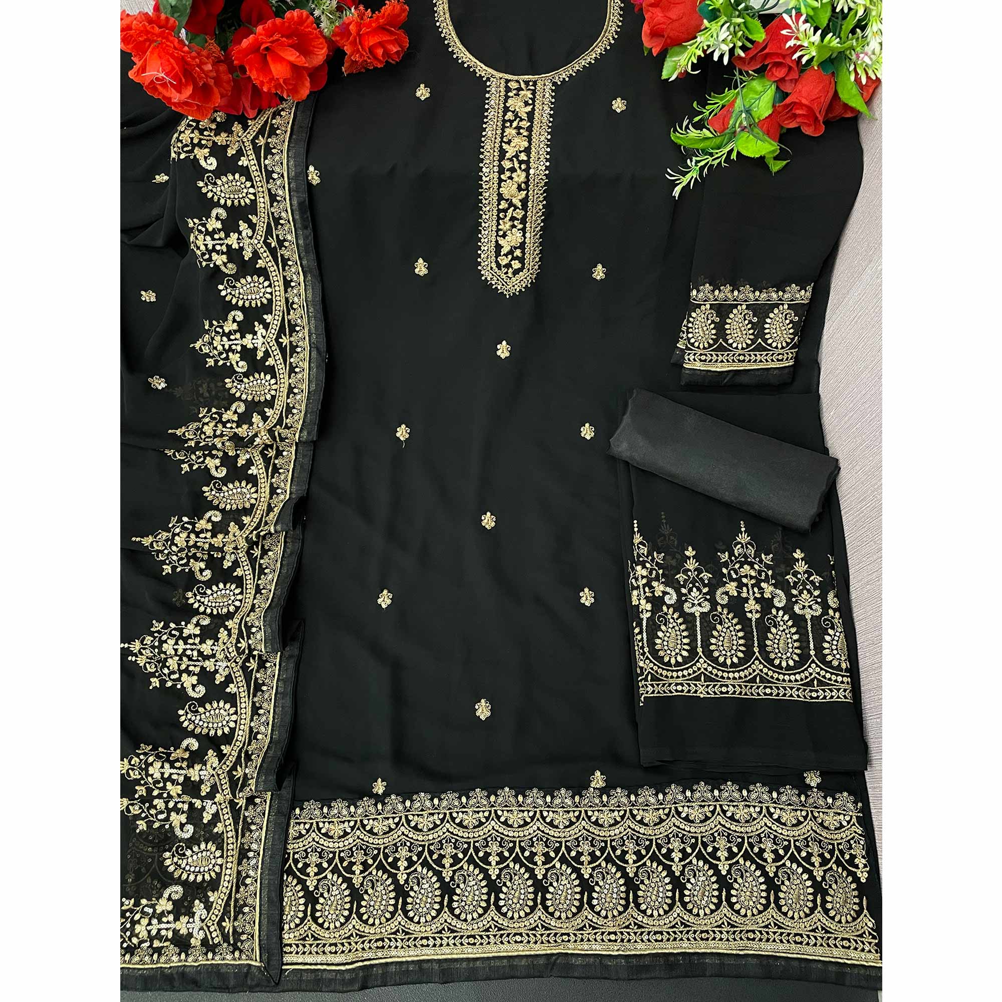 Black Floral Embroidered Georgette Sharara Suit