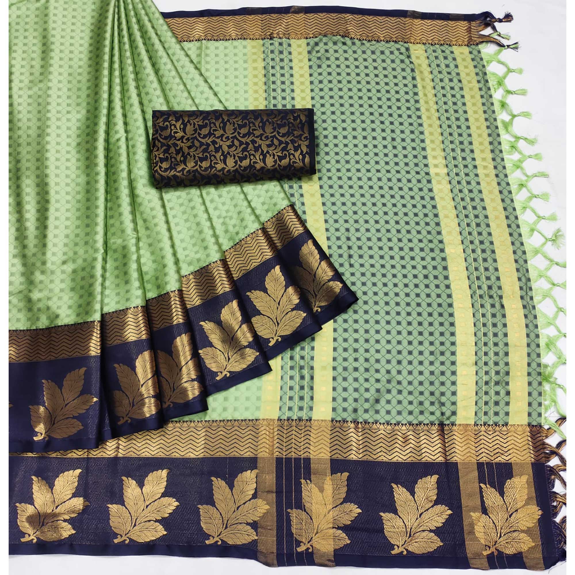 Pista Green Woven Cotton Silk Saree With Tassels