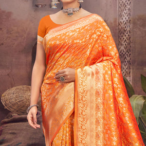 Orange Floral Woven Art Silk Saree