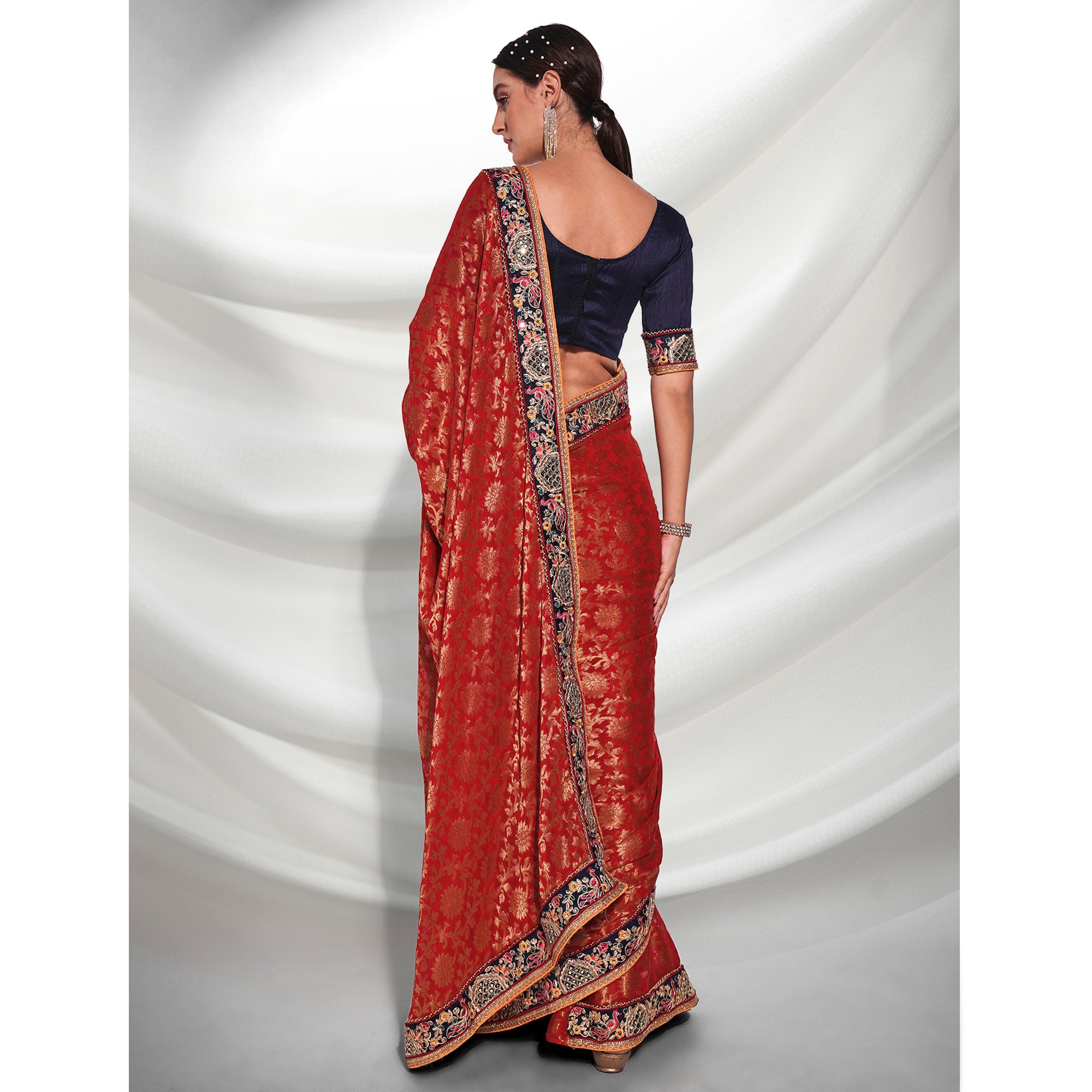 Red Woven With Embroidered Border Viscose Saree