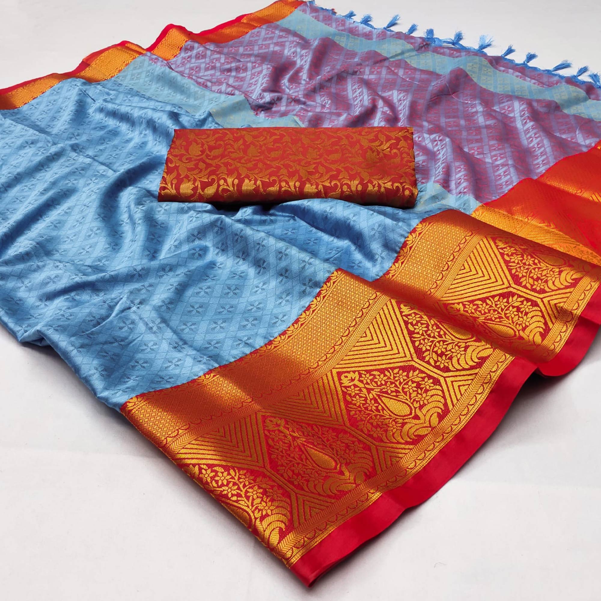 Sky Blue Woven Cotton Silk Saree With Tassels