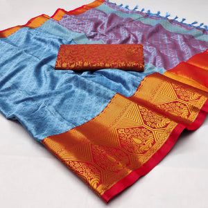 Sky Blue Woven Cotton Silk Saree With Tassels