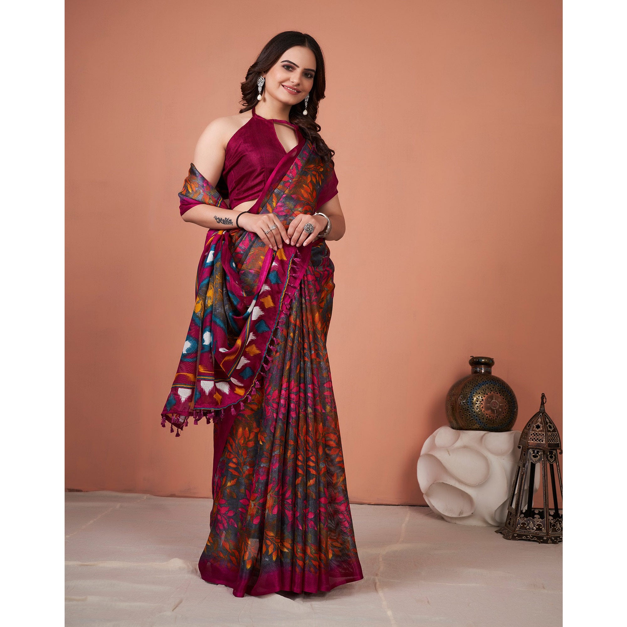 Multicolored Printed Jute Saree With Tassels
