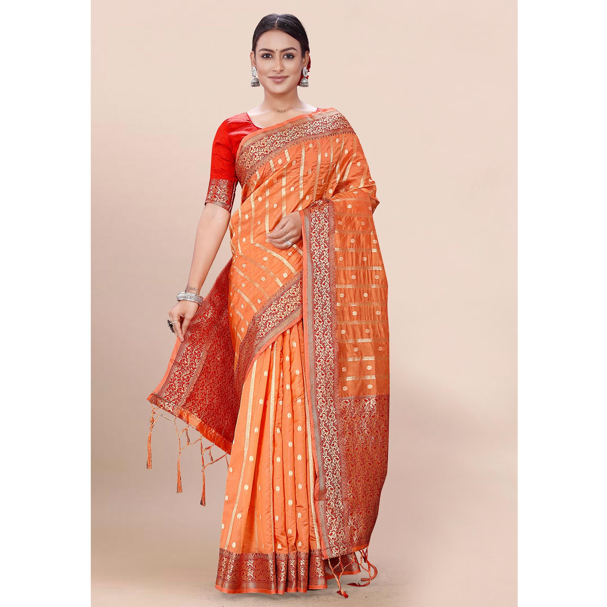 Orange Woven Organza Saree With Tassels