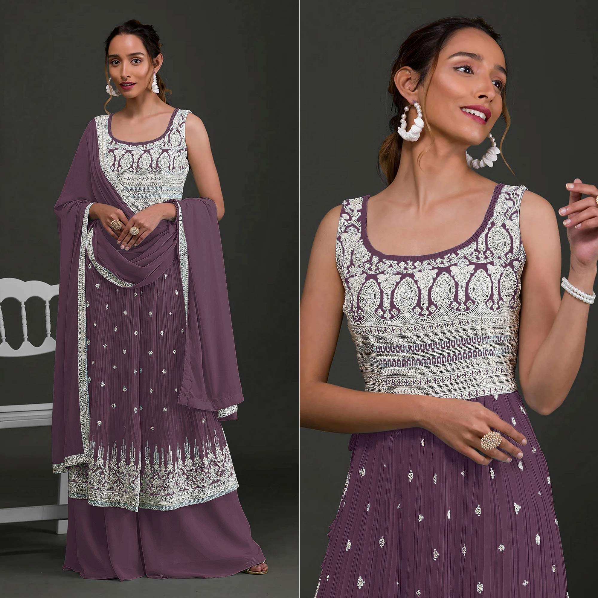 Purple Embroidered Georgette Naira Cut Semi Stitched Palazzo Suit