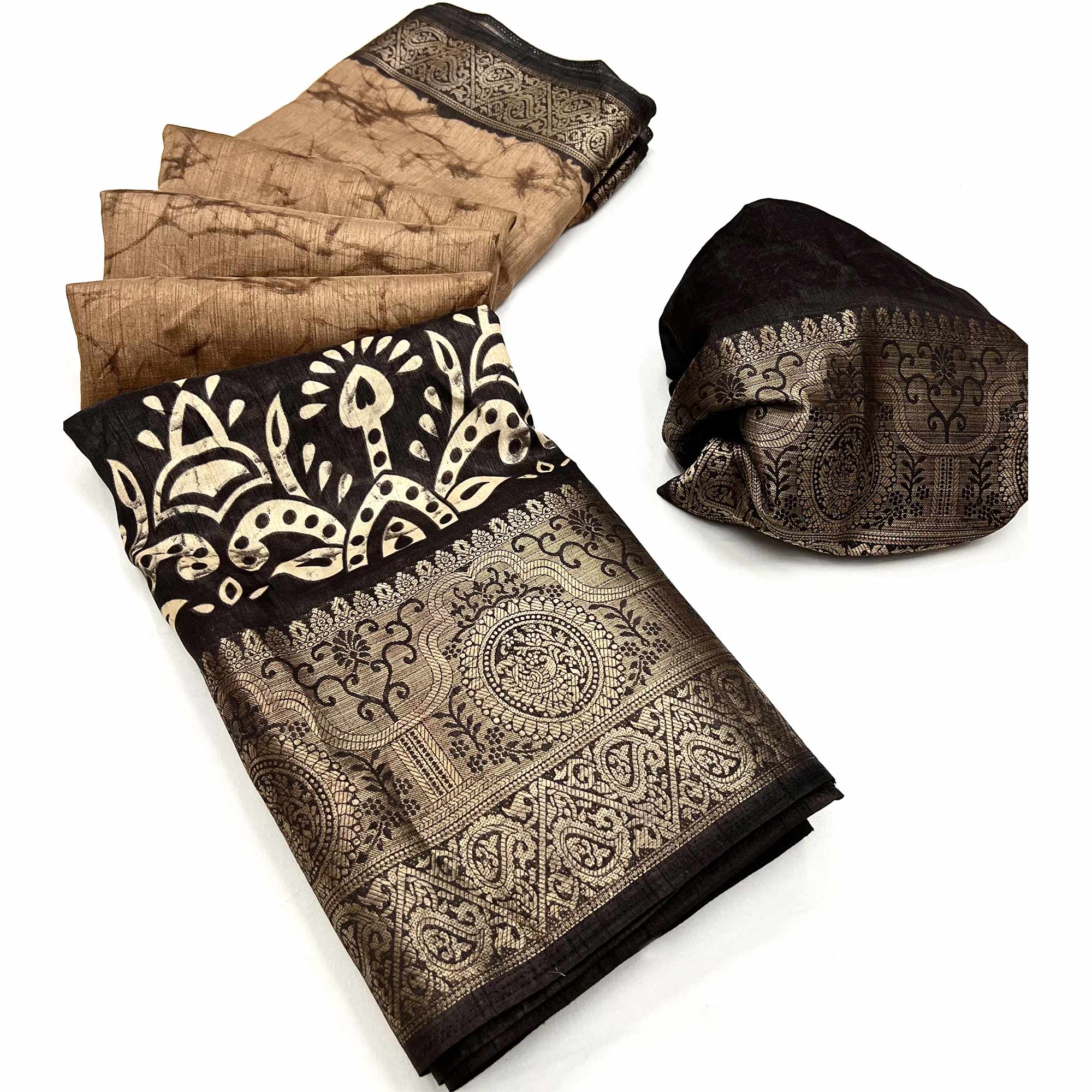 Brown Floral Printed With Woven Dola Silk Saree