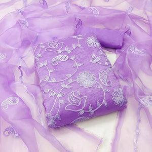 Purple Floral Embroidered Organza Dress Material