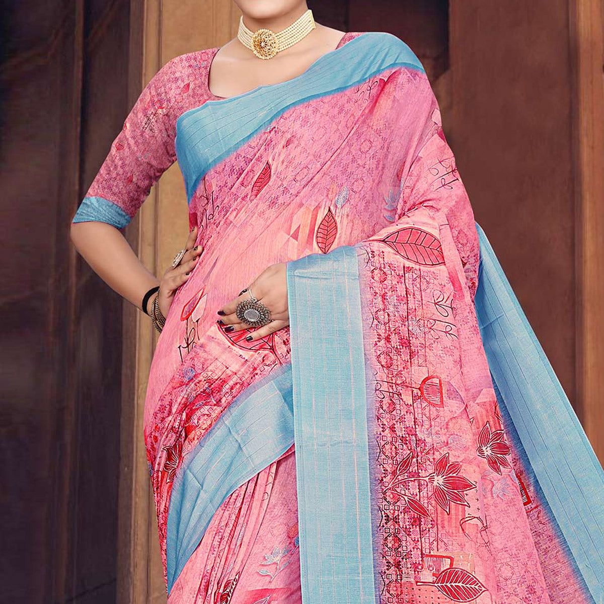 Pink Digital Printed Cotton Blend Saree