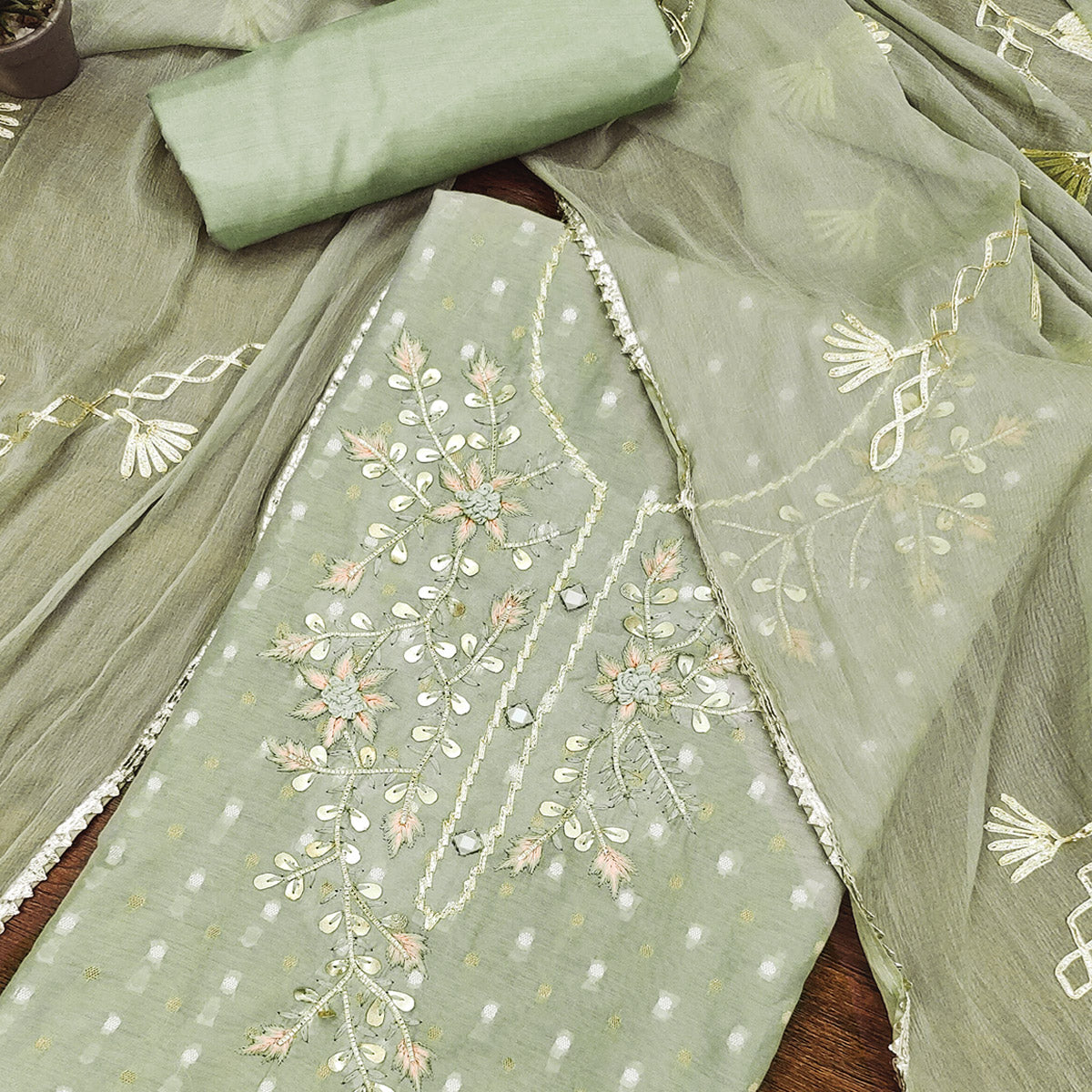 Green Woven Chanderi Dress Material