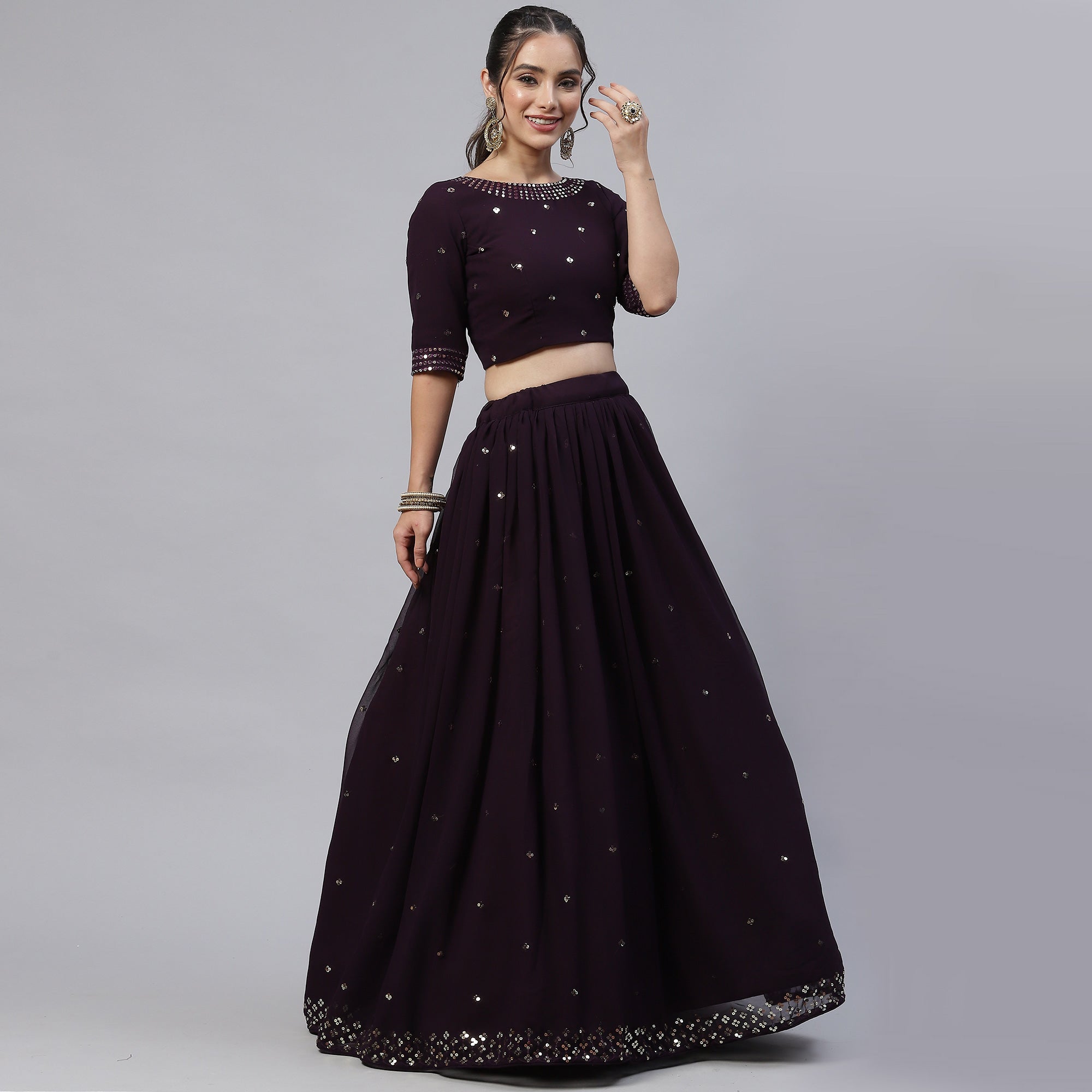 Dark Purple Sequins Embroidered Georgette Lehenga Choli