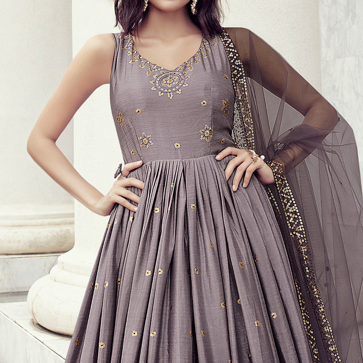 Light Violet Sequins Embroidered Chiffon Gown