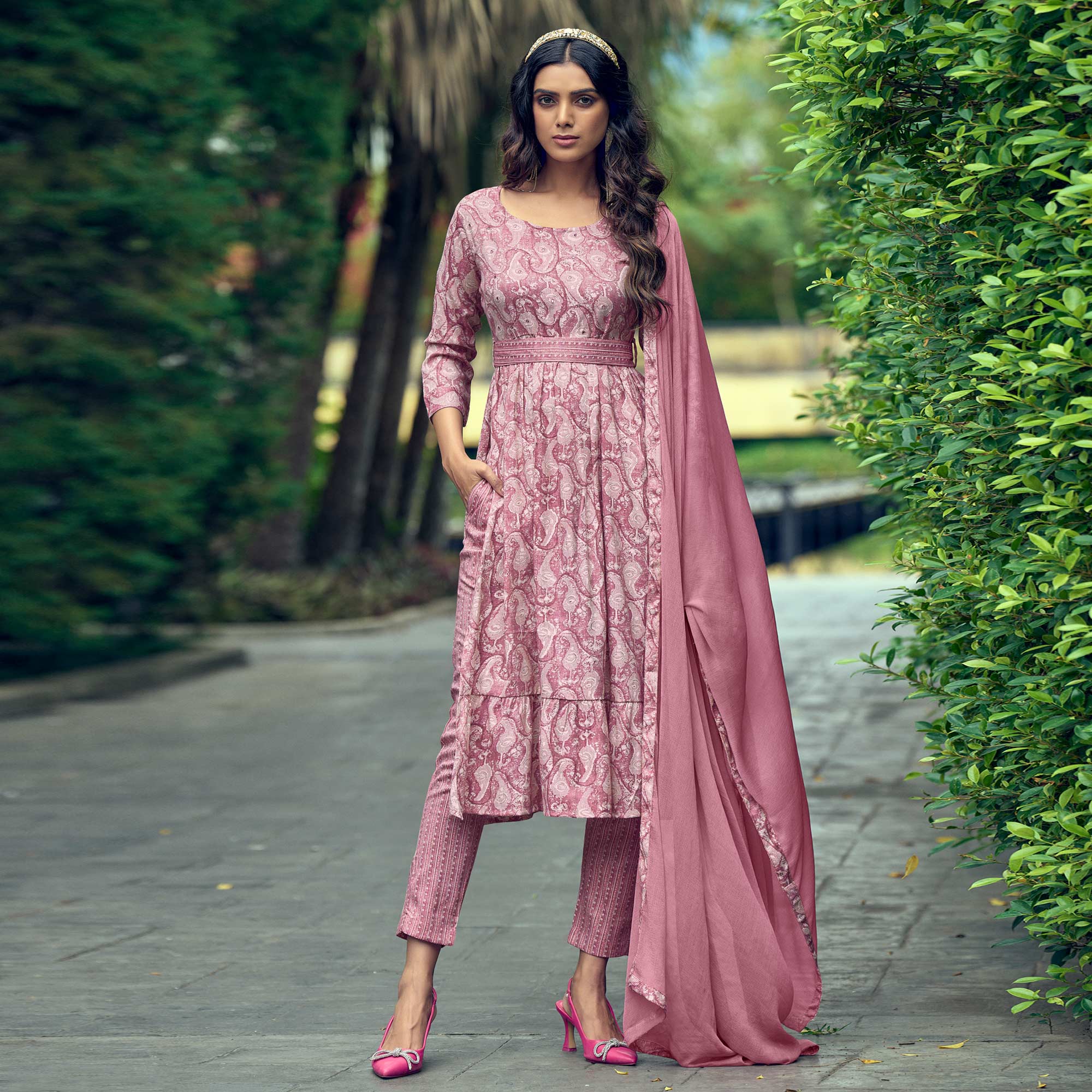 Dusty Pink Printed With Mirror Work Rayon Naira Cut Suit