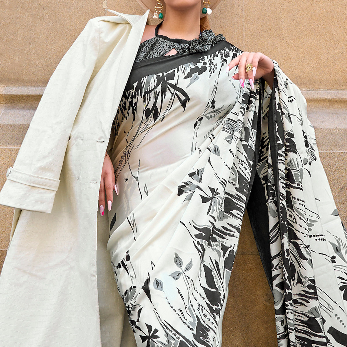 Offwhite Printed Crepe Saree