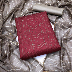 Maroon Floral Sequins Embroidered Raw Silk Dress Material