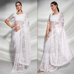 White Floral Embroidered Soft Net Saree