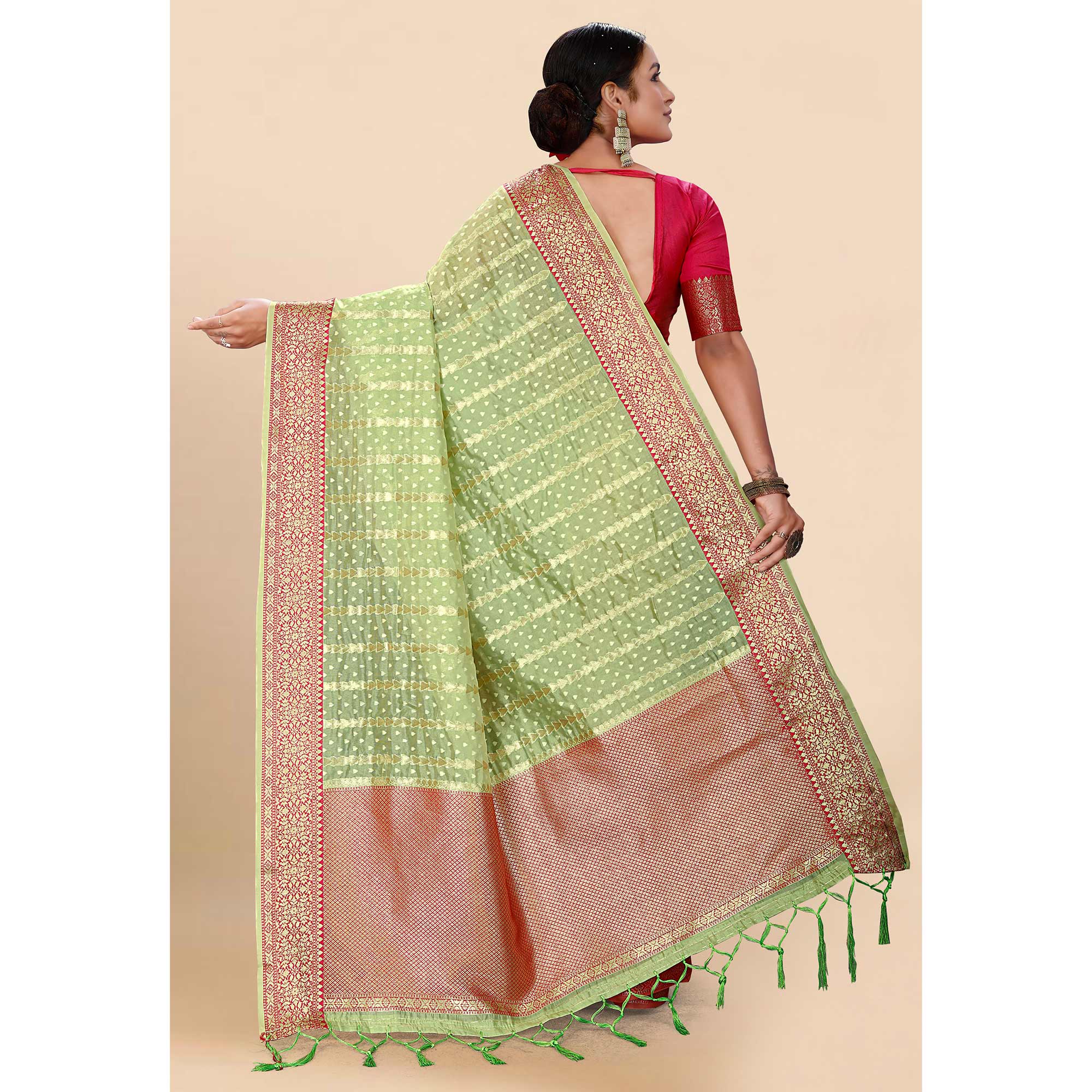Green Woven Organza Saree With Tassels