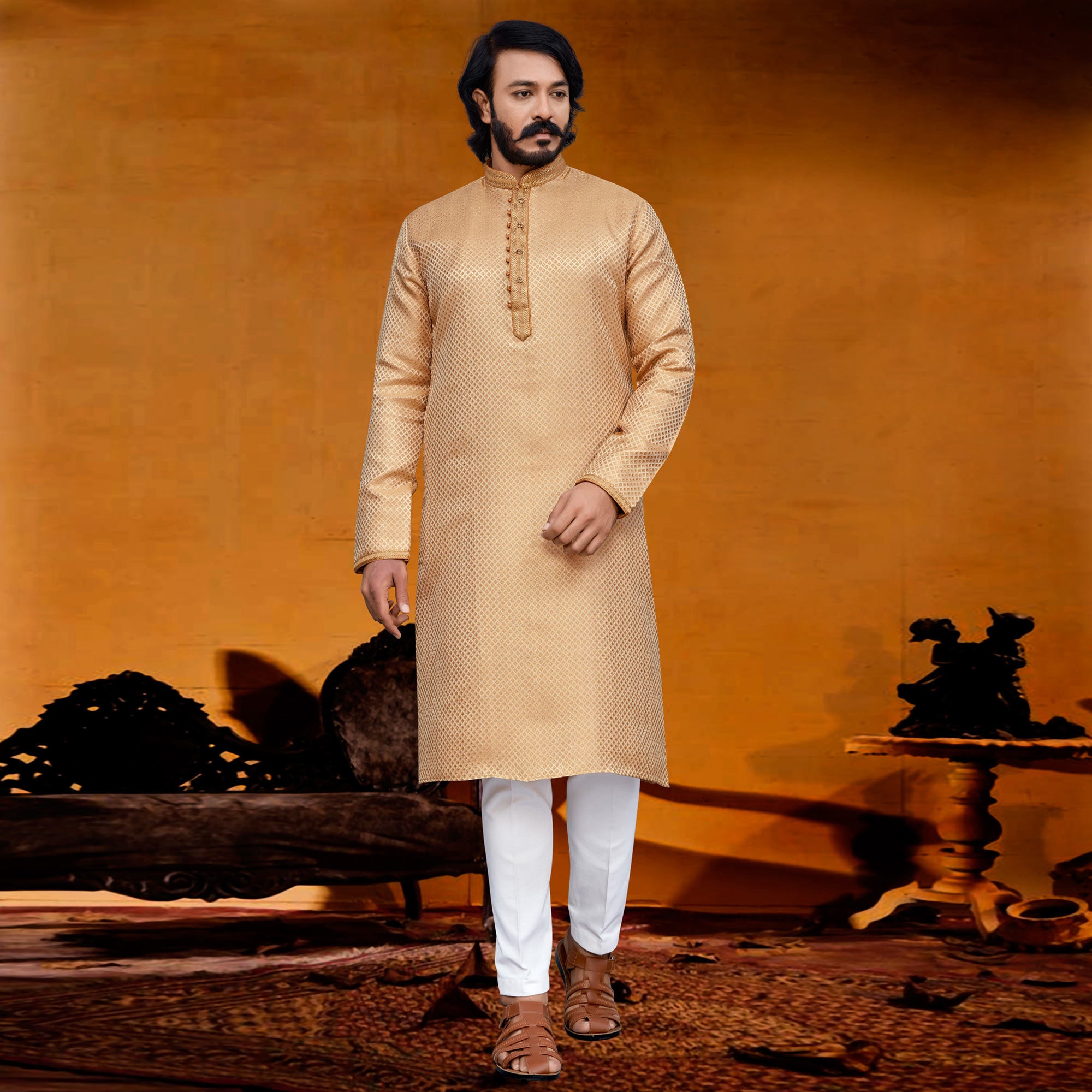Cream Woven Jacquard Kurta Pyjama Set