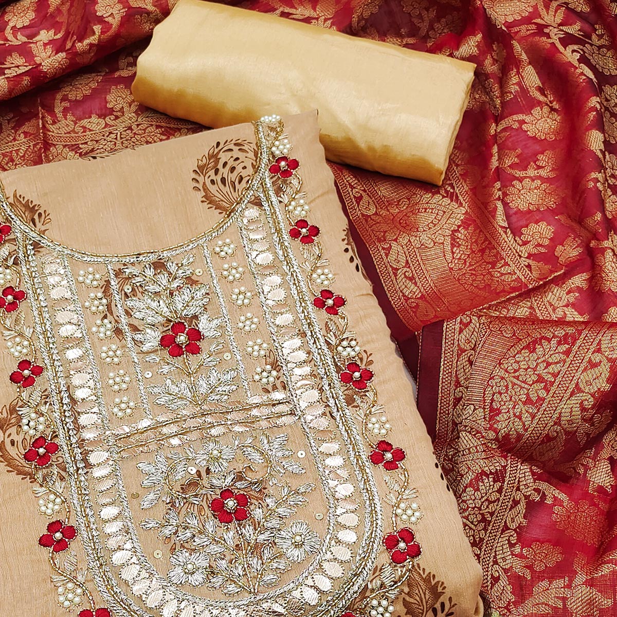 Beige Floral Printed With Handwork Modal Dress Material