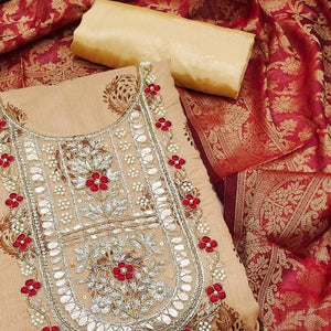 Beige Floral Printed With Handwork Modal Dress Material