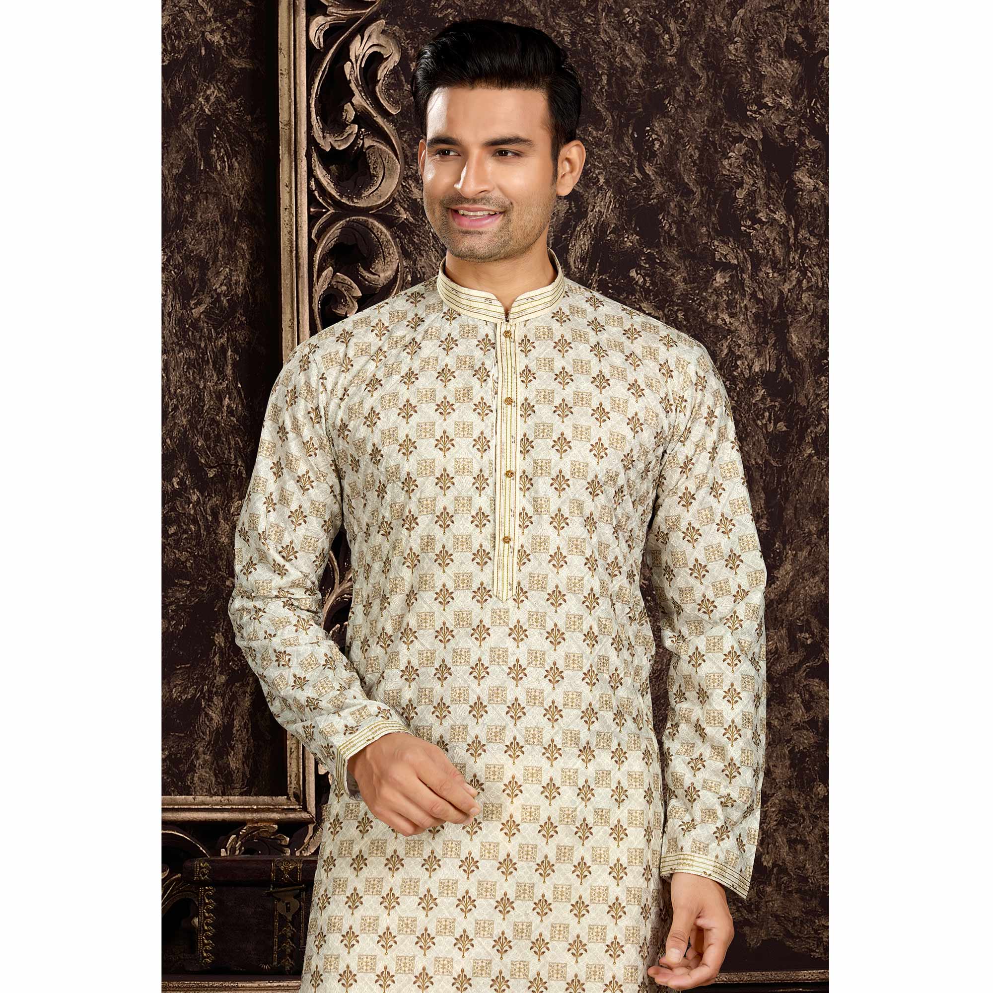 Cream Lucknowi And Digital Printed Cotton Kurta Pyjama Set