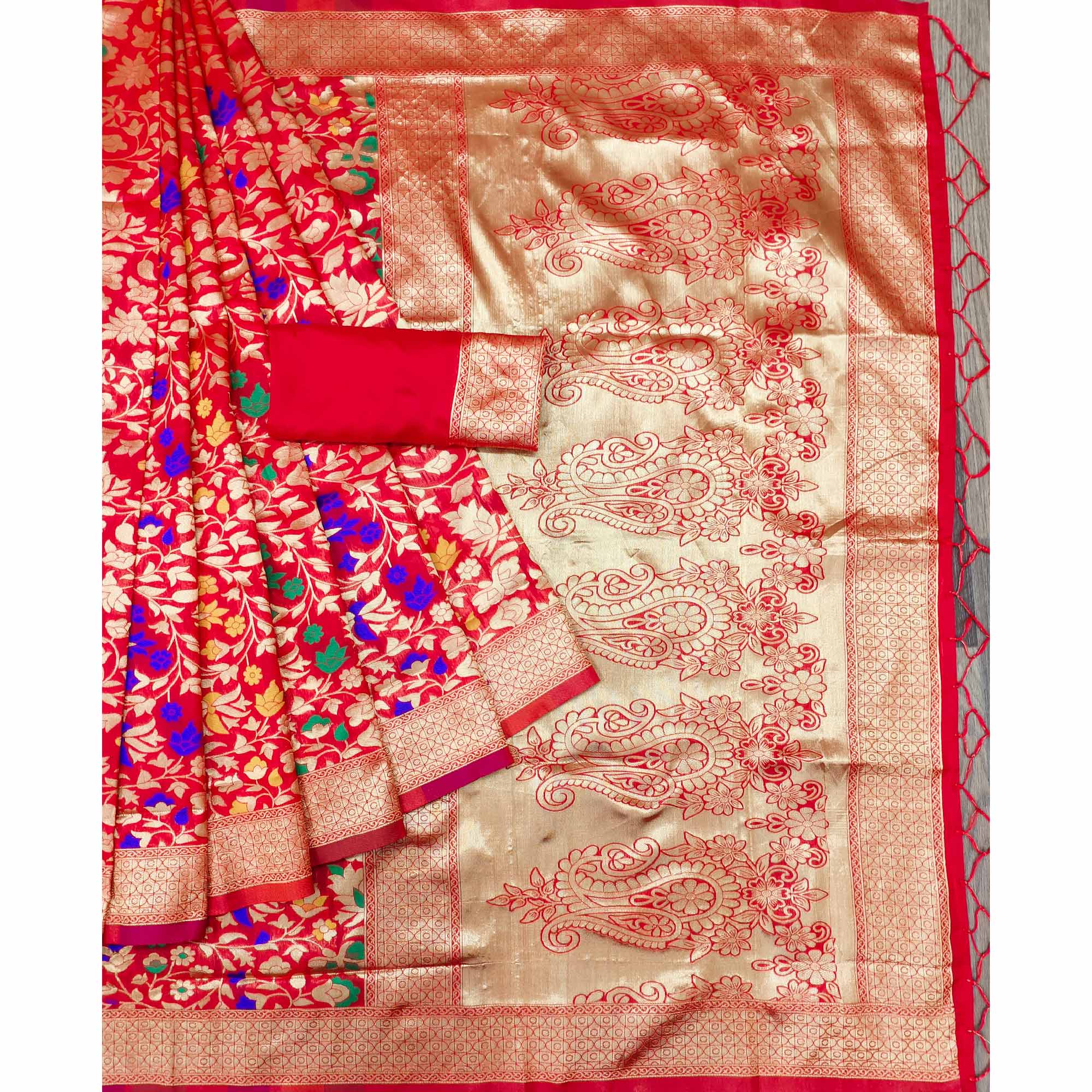 Red Floral Woven Art Silk Saree
