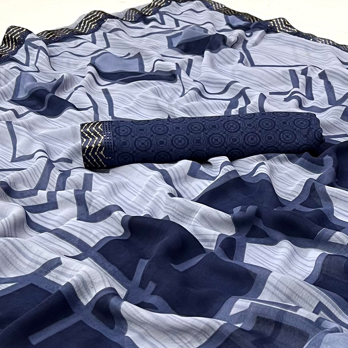 Blue Geometric Printed Georgette Saree