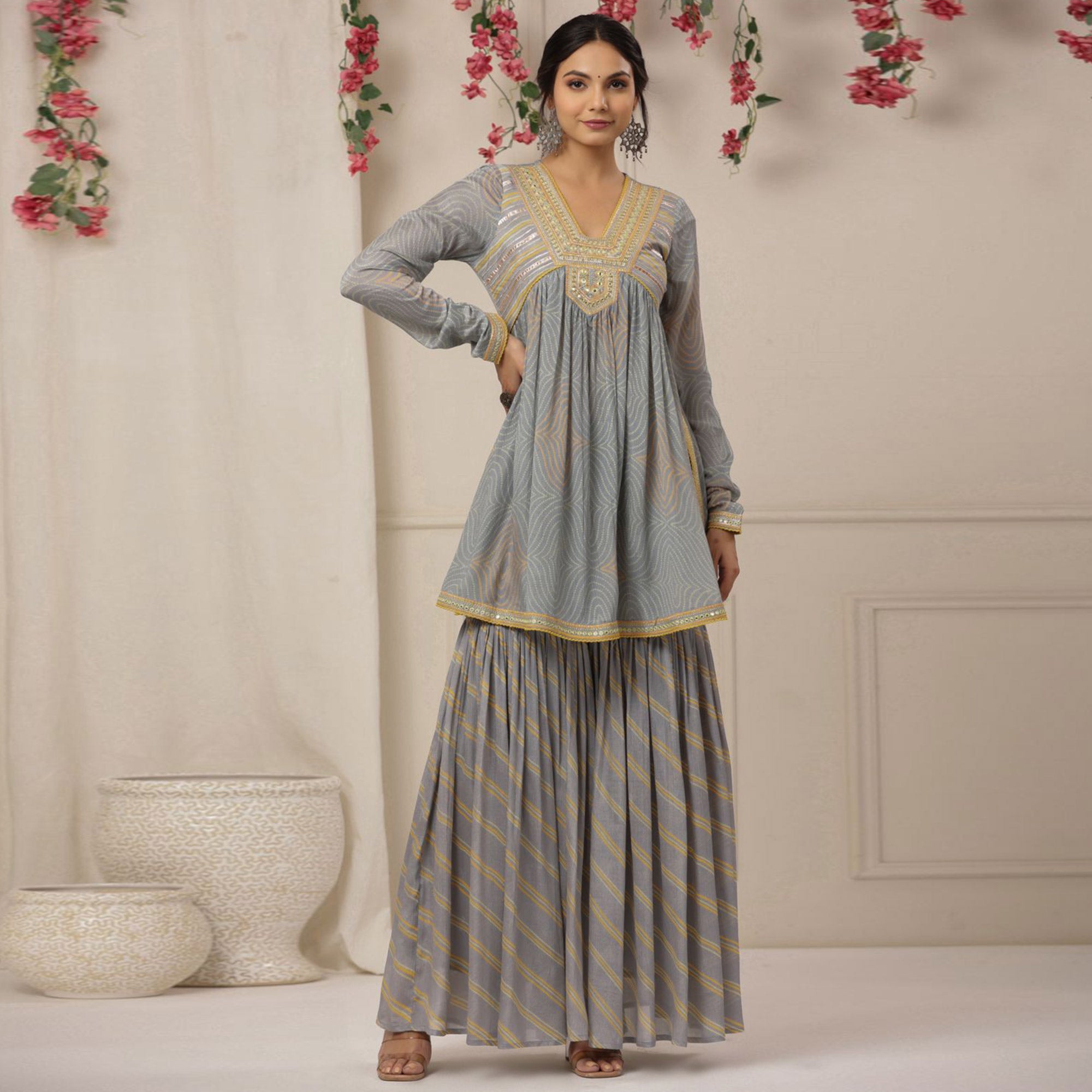 Grey Printed With Embroidered Chiffon Sharara Suit