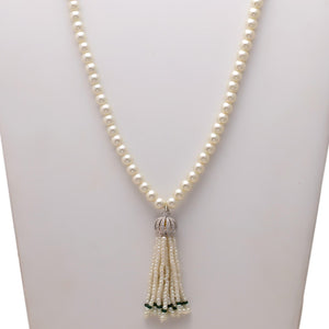 White Pearl Mala With Green Hangings
